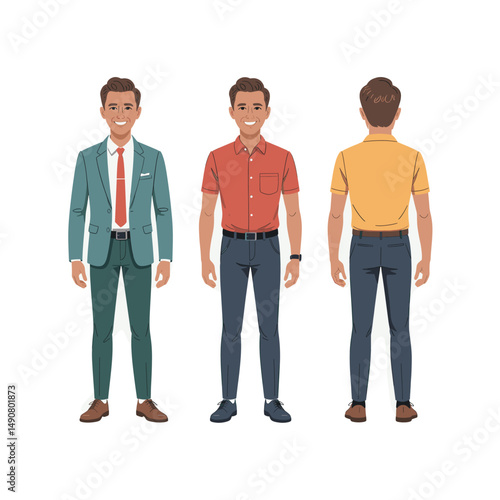 Casual business man character. Vector illustration. Various poses on a white background