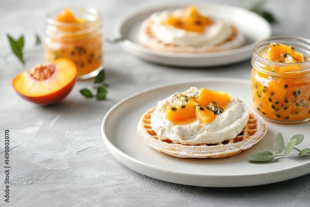 Two plates feature waffles topped with cream cheese and a vibrant peach-passionfruit preserve. Two plates feature waffles topped with cream cheese and a vibrant peach-passionfruit preserve.