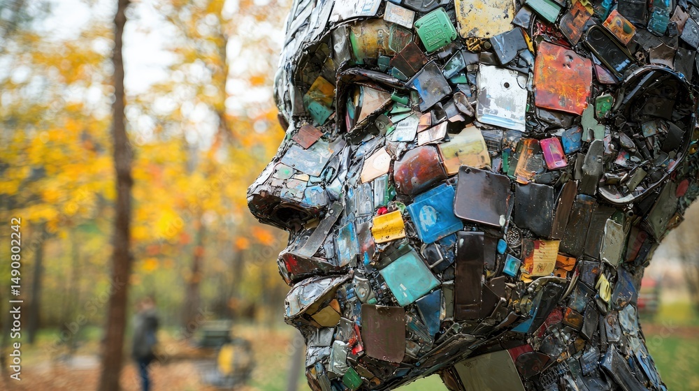 Naklejka premium Abstract sculpture head composed of colorful, recycled materials.