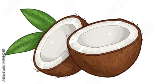 Two halved coconuts with green leaves showcasing their white flesh and brown shell