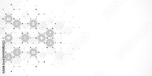 Medical background and healthcare technology with flat icons and symbols. Concept and idea for health care business, innovation medicine, health safety, science, medical research, and development.