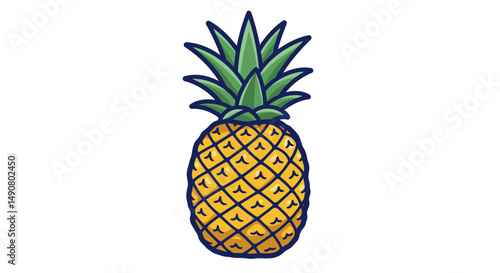Vibrant Cartoon Pineapple with Green Leaves and Detailed Yellow Skin