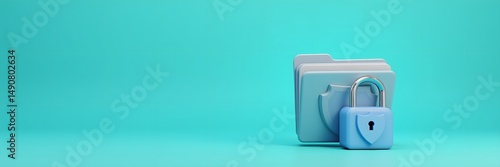 3D Secure Folder with Shield and Lock Icon on Cyan Background – Data Protection Concept with Copy Space