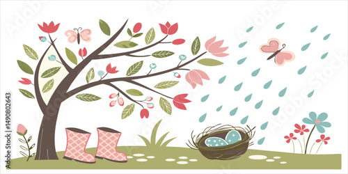 Springtime nature illustration, featuring blossoming tree, rain, and bird's nest