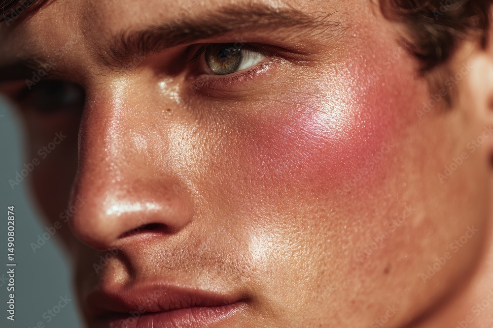 Fototapeta premium Close-up portrait of a young man with glowing skin and artistic blush application, showcasing modern beauty trends and highlighting facial features in warm, soft light.
