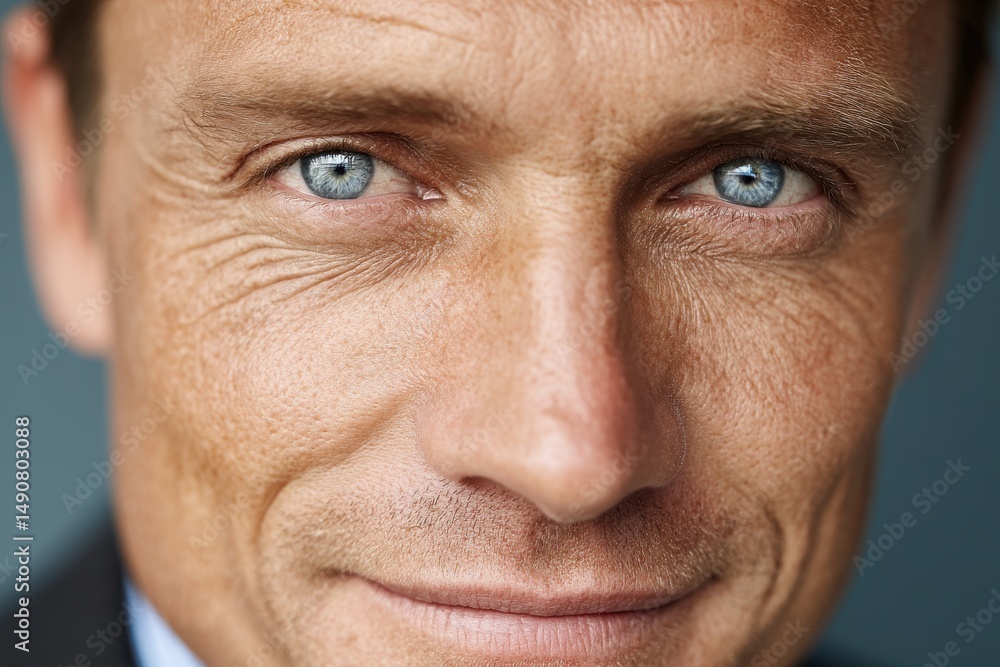 Fototapeta premium A close-up portrait of a mature man with blue eyes, showcasing his weathered skin, wrinkles and a subtle smile, reflecting wisdom and experience.