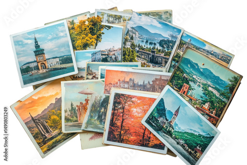 A nostalgic collection of vintage travel postcards evokes wanderlust and treasured memories on transparent background