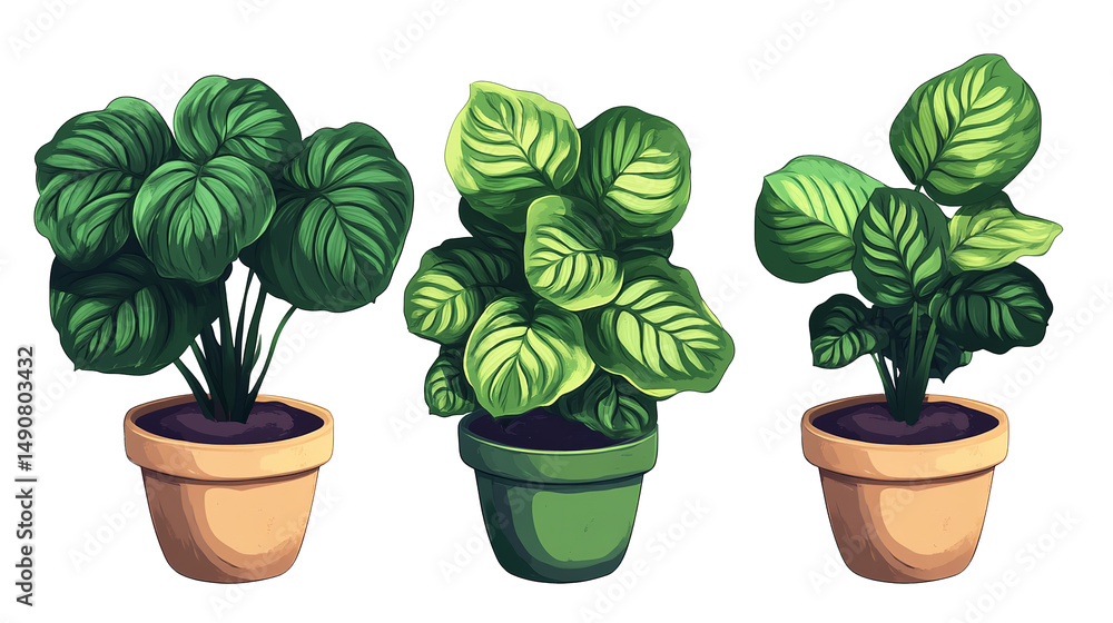 Fototapeta premium Lush prayer plants in vibrant pots bringing life and serenity indoors displayed against a deep on transparent background