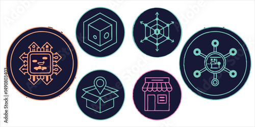 Technology and business vector icon collection, featuring cpu, distribution, and commerce