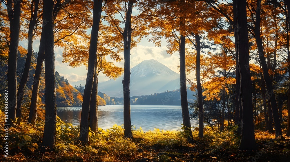 Obraz premium Scenic Autumn View of Lake and Mountains Through Forest Trees