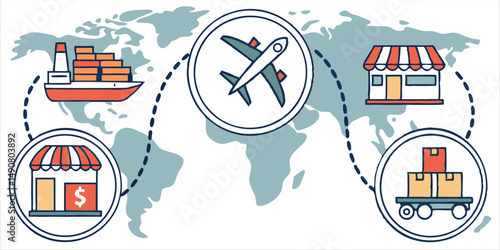 Global logistics and shipping illustration, depicting worldwide transportation network