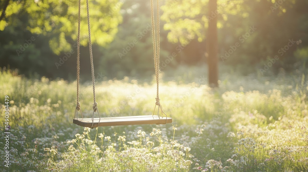 Naklejka premium Swing in Summer Meadow with Sunlight Filtering Through Trees Evoking Nostalgia and Carefree Childhood Memories and Serene Nature Scene Concept