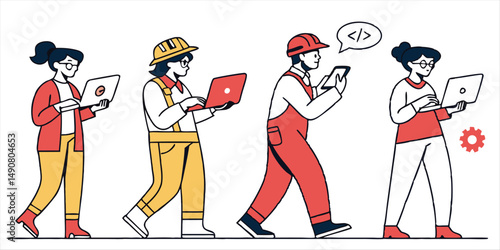 Diverse workers using technology vector illustration, showcasing various professions