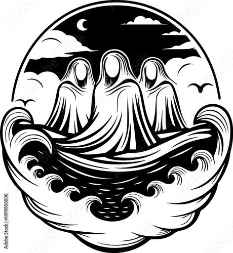 A skull tattoo design featuring sea ghosts in a haunting nautical theme. Mysterious Figures in Flowing Robes Amidst Turbulent Waves at Night