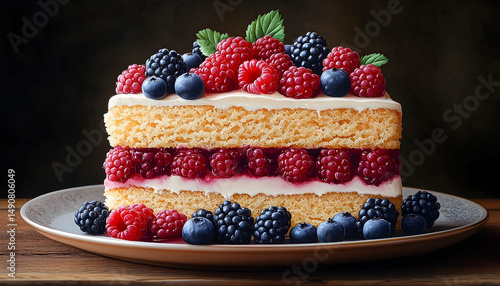 Wallpaper Mural Berry-topped square cake with multiple layers of berries and cream sits on a plate over a wooden surface Torontodigital.ca