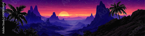Stunning Tropical Sunset Vector Art Landscape Scene Featuring Majestic Mountains Palm Trees Silhouettes Starry Night Sky Purple and Orange Colorful Scenic Background