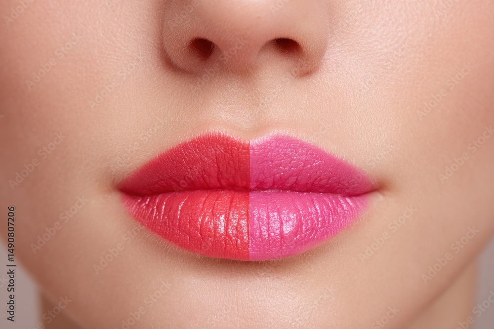 Fototapeta premium Macro close up of woman's face with red and pink lipstick colors, showing two different beauty styles and vibrant colors in cosmetic fashion.
