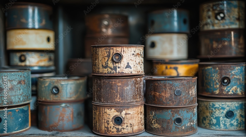 Stack of Old Rusty Tin Cans on Shelves Showcasing Vintage Industrial Aesthetic and Aged Metal Textures in Artistic Display Stack of Old Rusty Tin Cans on Shelves Showcasing Vintage Industrial Aesthetic and Aged Metal Textures in Artistic Display