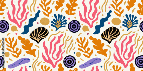 Colorful Abstract Sea Life Pattern Background. This vibrant and playful pattern features stylized depictions of seaweed, shells, and other marine life elements.