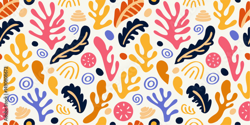 Vibrant Abstract Pattern with Organic Shapes. A seamless pattern featuring bold, colorful shapes reminiscent of seaweed and organic forms.