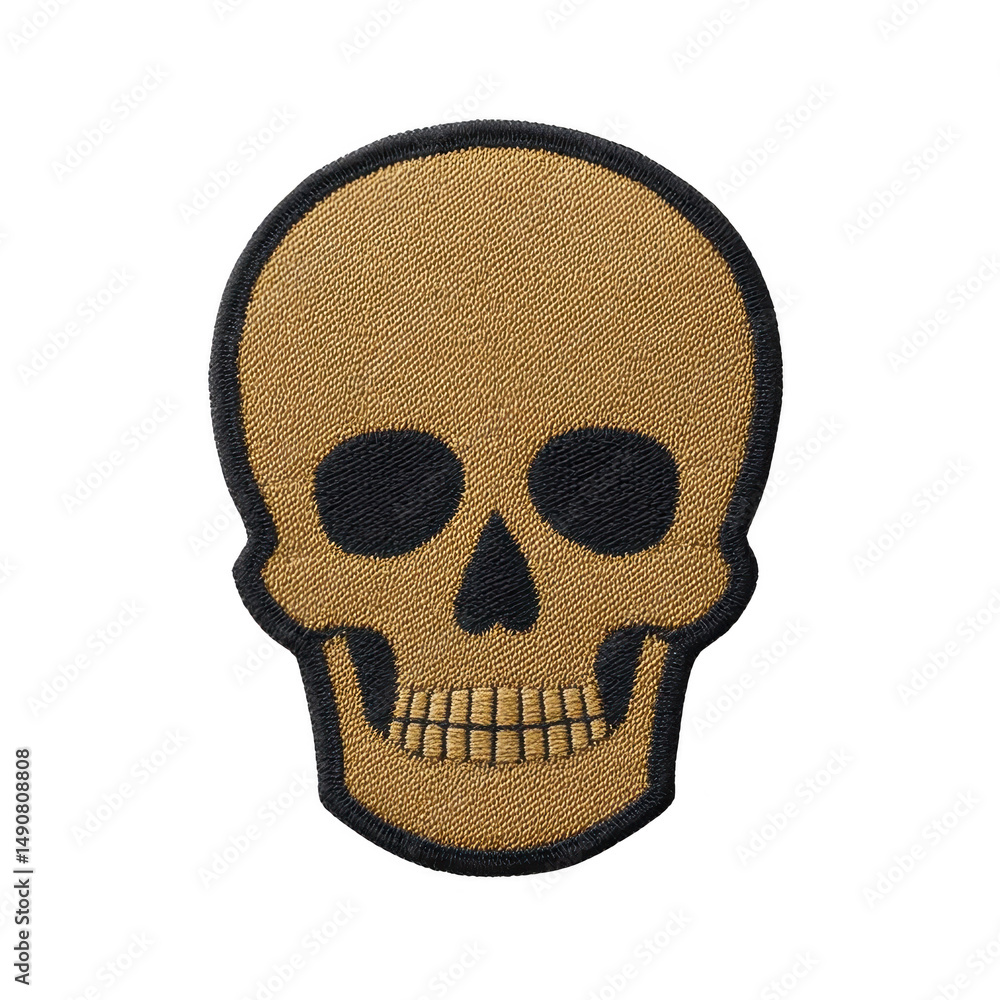 Fototapeta premium Skull shaped embroidered patch with gold and black color scheme, featuring simple and bold design. patch is suitable for clothing or accessories, adding touch of edgy style