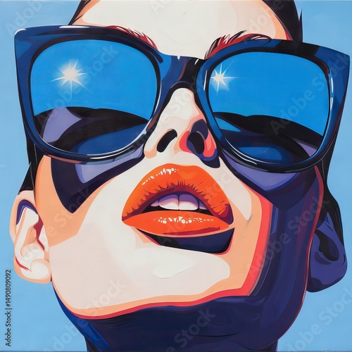 Bold graphic illustration of a woman wearing sunglasses with bright orange lipstick