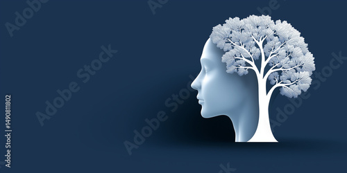 White tree growing inside profile of human head symbolizing mental health, wellbeing, mindfulness, psychology, and personal growth on dark blue background