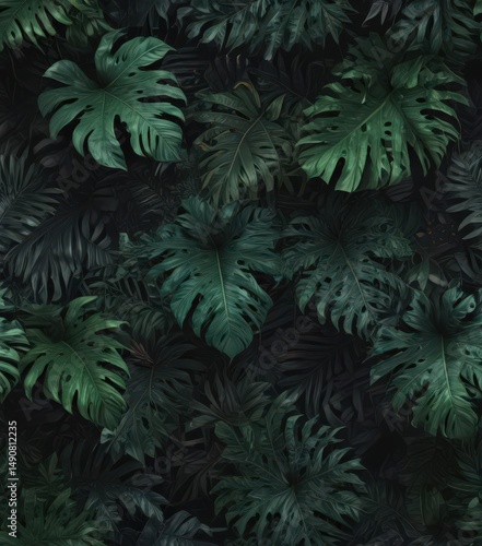 Intricate black & emerald tropical leaves, lush jungle pattern, dark tropical wallpaper, botanical