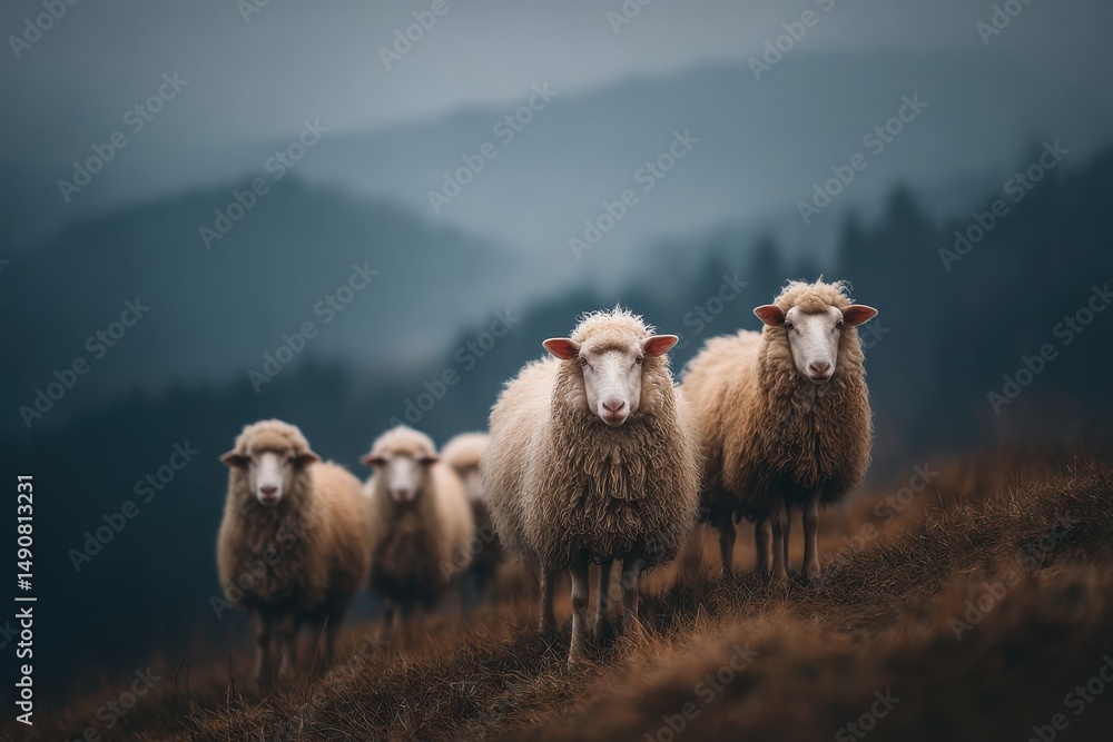 Fototapeta premium A herd of fluffy sheep grazing peacefully on a hillside meadow, with rolling hills in the misty background, creating a serene and idyllic pastoral scene, nature's beauty.