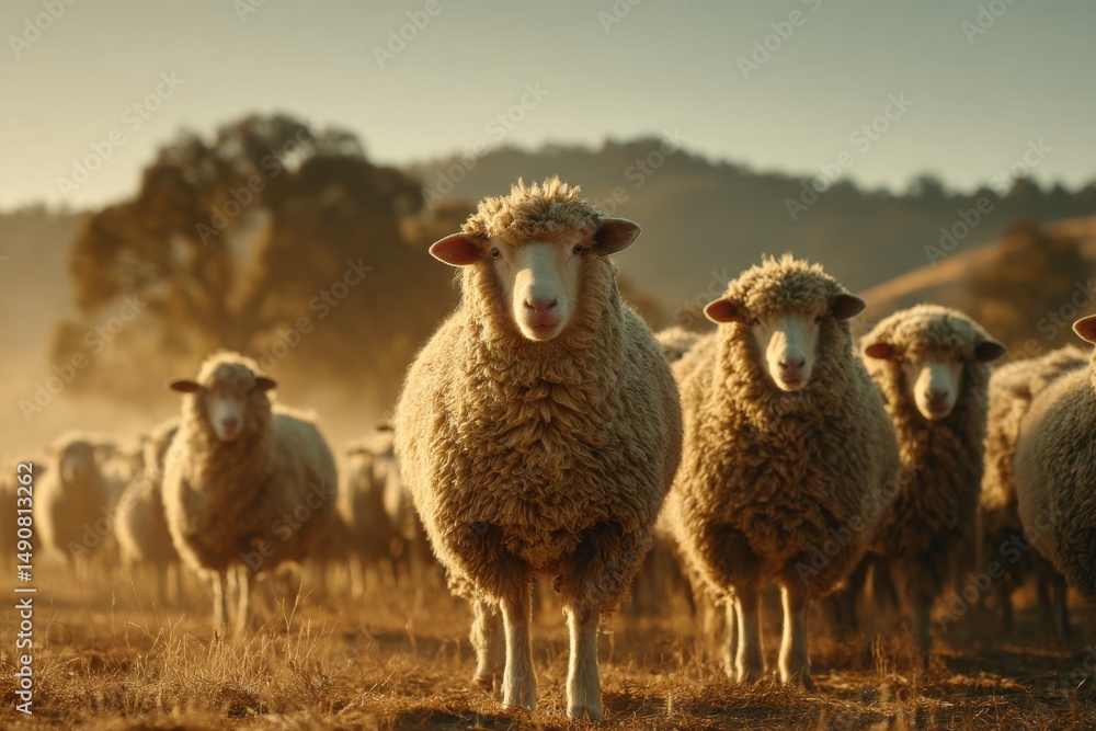 Fototapeta premium A herd of sheep grazing in a golden pasture, illuminated by the soft morning light, creating a serene and peaceful rural countryside scene with gentle hills backdrop.