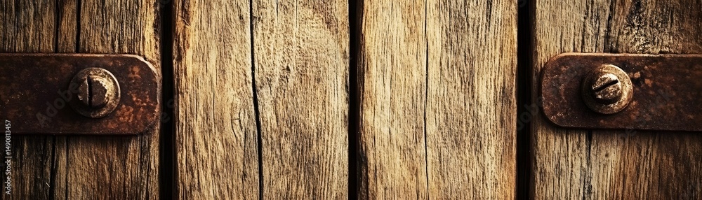 Fototapeta premium Close-up view of weathered wooden planks with rusty metal fasteners.