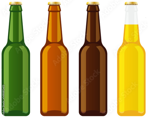 Different colour flat vector beer or soda bottles, Glass pop bottles