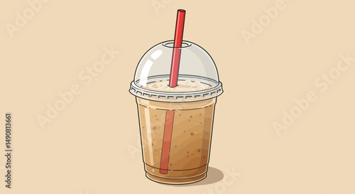 Iced coffee in a clear plastic cup with a red straw illustration