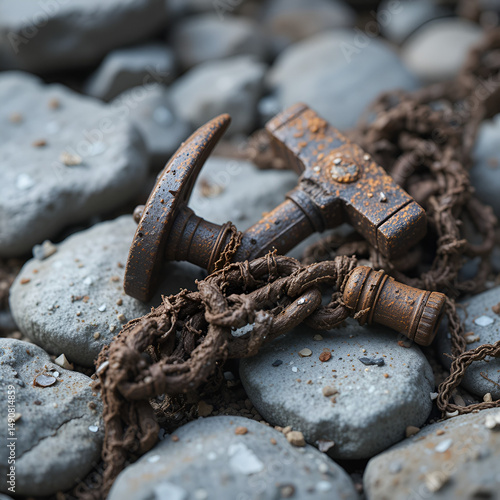 Rusty chain and old hammer on on gray stones. A torn chain is a symbol of liberated labor.