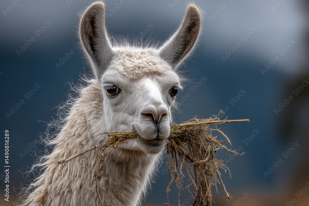Obraz premium Close-up portrait of a fluffy white llama with hay in its mouth, showcasing its detailed fur and expressive eyes, with a blurred mountain background in soft colors.