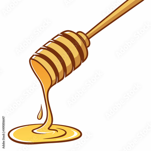 Honey Dripping from Wooden Honey Dipper Sweet Golden Honey Beekeeping Illustration