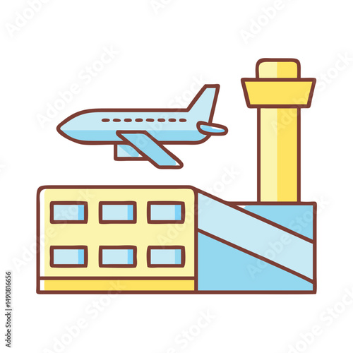 Airport terminal with airplane taking off in colorful flat design, icon on transparent background  