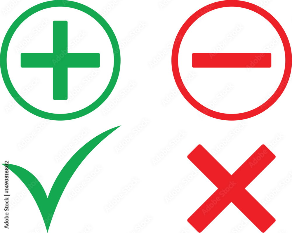 Fototapeta premium Set of plus minus, check mark, x mark. a set of four icon green and red cross and check symbols. Yes and No icon set. Vector illustration