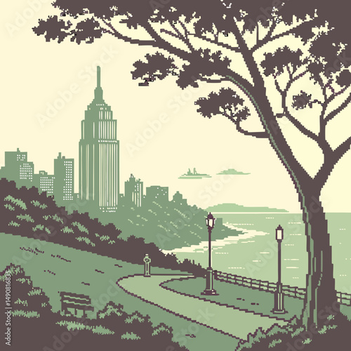 Serene City Park Pathway with View Pixel Art Landscape