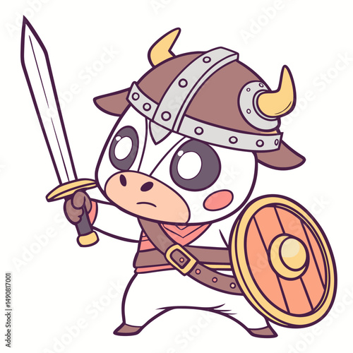 Cute Cartoon Cow Viking Warrior with Sword and Shield Childrens Illustration