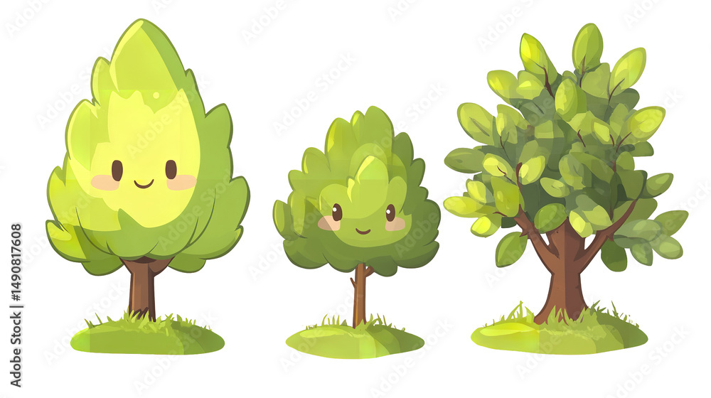 Obraz premium Three cheerful cartoon trees stand together against a dark background promising growth and a on transparent background