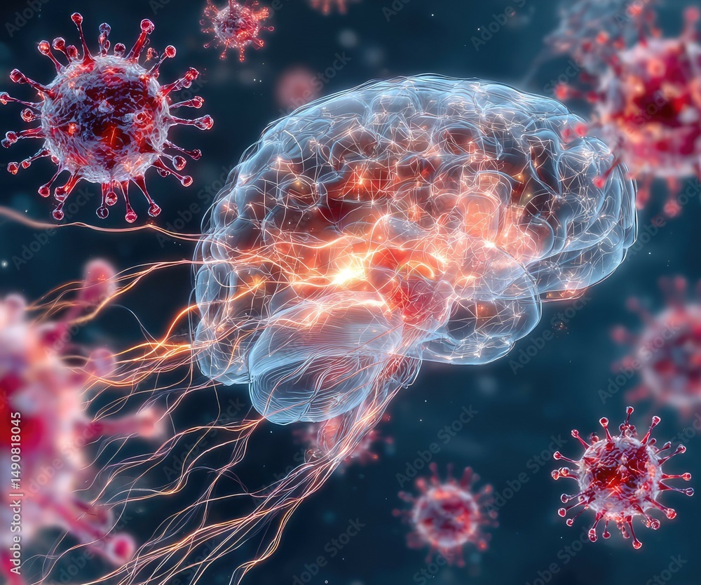 Medical illustration of viral encephalitis--depicting a human brain partially translucent to reveal inflamed neural tissue glowing with reddish-orange heat, symbolizing infection.