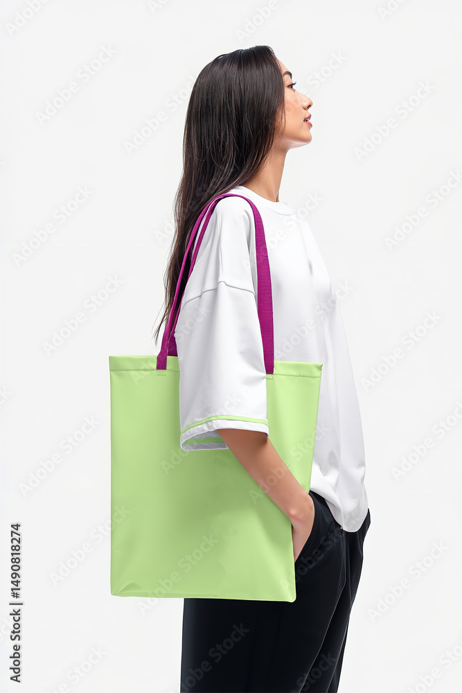 A woman in a white shirt and black pants holding a green and pink bag A woman in a white shirt and black pants holding a green and pink bag