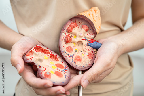 Bilde på lerret Chronic kidney disease, Asian woman with model for treatment urinary system, urology, Estimated glomerular filtration rate eGFR