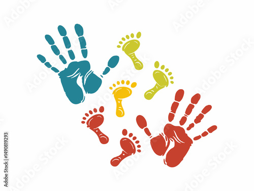 A vibrant illustration showcasing colorful handprints and footprints, creating a sense of community and togetherness.
