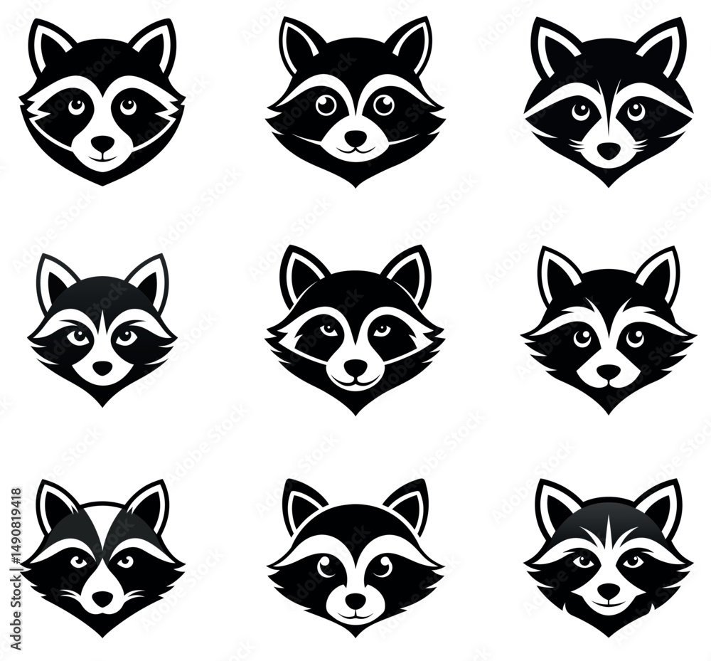 Fototapeta premium Cute Raccoon Head Logos in a Set