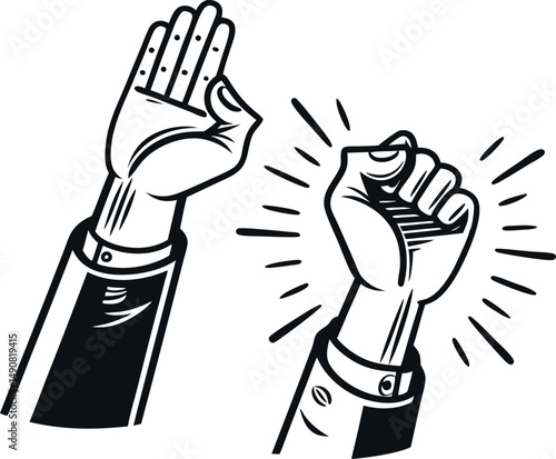 Black and white illustration of a raised hand in protest and a raised hand in agreement.
