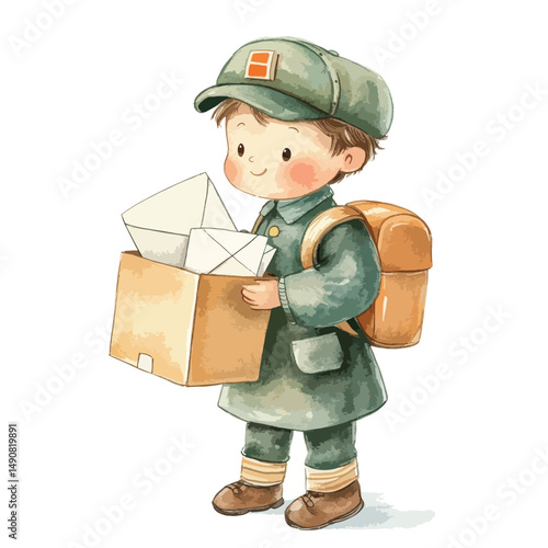 A Cheerful Watercolor Illustration of a Young Mail Carrier
