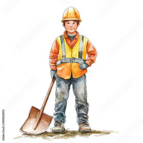 A Child Construction Worker with Shovel in Watercolor Style