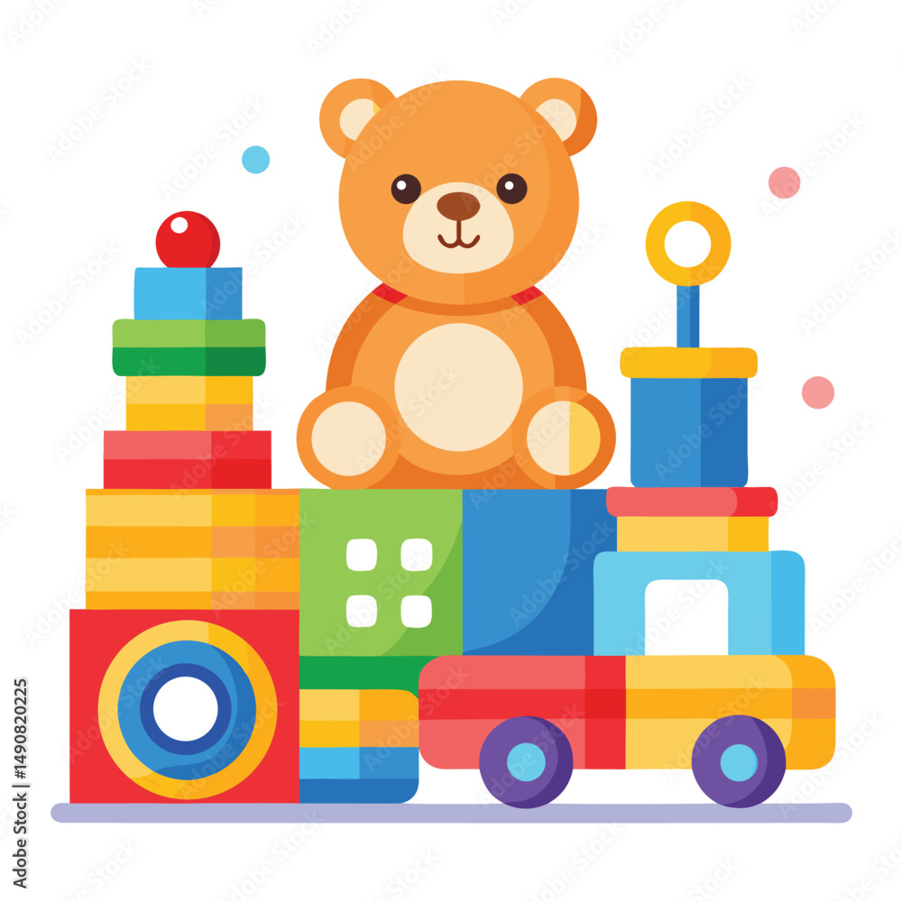 a collection of colorful children's toys, including a teddy bear, truck, stacking rings, and a small train
on white background a collection of colorful children's toys, including a teddy bear, truck, stacking rings, and a small train
on white background